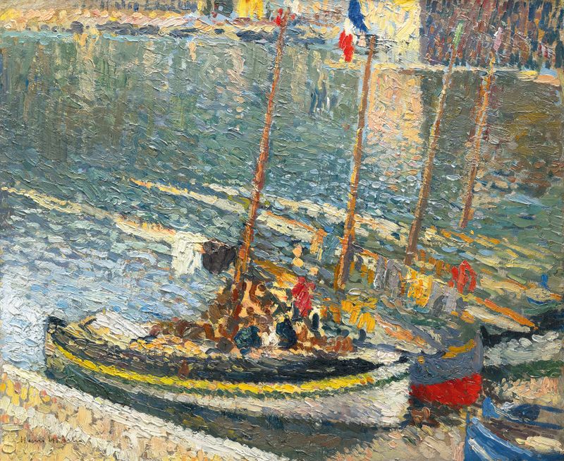 Barques à Collioure de Henri Martin, impresionismo, mostrando barcos coloridos en agua brillante.