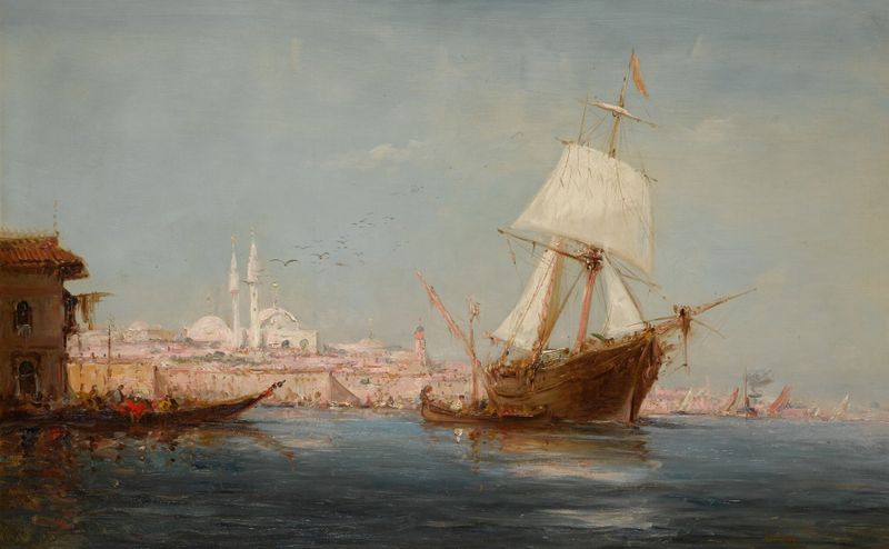 Caique et voilier sur le Bosphore by Charles Malfroy, impressionism, depicts boats on water at sunset.