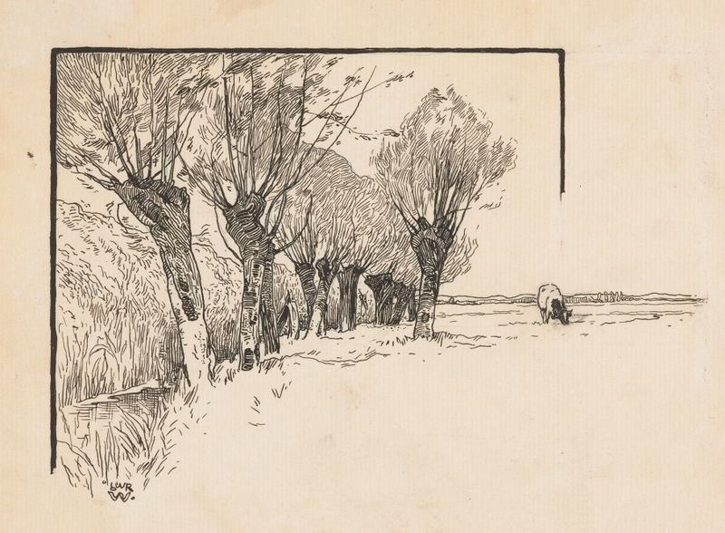 Paisagem pastoral com vacas pastando e salgueiros, óleo sobre tela de Willem Wenckebach