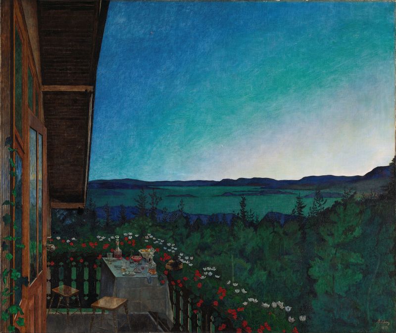 Summer Night by Harald Sohlberg, oil painting depicting a serene twilight landscape