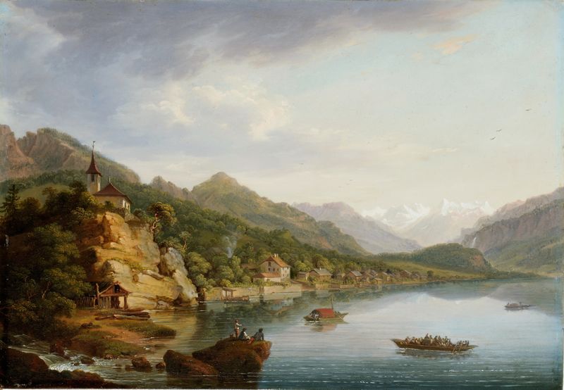Paisagem de Lake Brienz por Johann Ludwig Aberli, pintura a óleo que retrata montanhas e reflexos do crepúsculo.