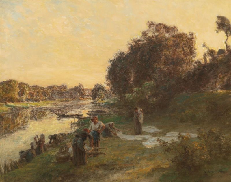 Genre scene depicting laborers in a stream, Léon Augustin Lhermitte, oil painting