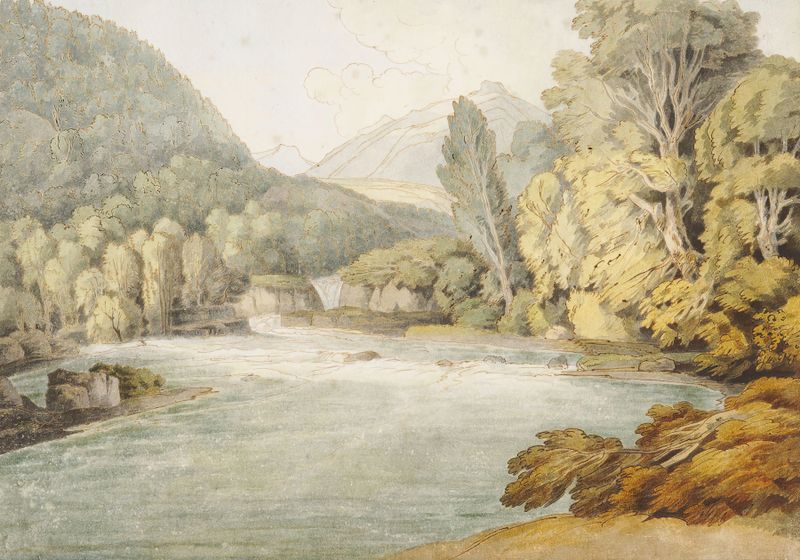 Escena de río con montañas, acuarela sobre papel de Francis Towne