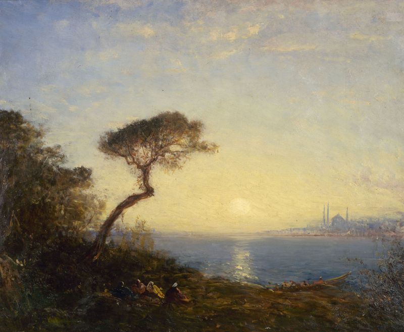 Pintura a óleo de Félix Ziem com um vibrante guarda-sol no Bósforo.