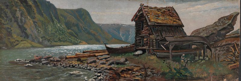 Landscape from Sogn by Knud Baade, oil on canvas, depicting a tranquil lake at twilight.