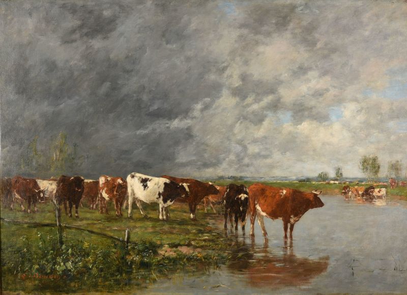 Troupeau s’abreuvant de Eugène Boudin, óleo sobre tela, mostrando ovelhas se reunindo à beira da água.