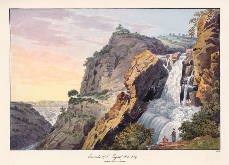 Cascade of St Miguel del Fai near Barcelona de Charles Hamilton Smith, pintura a óleo que retrata colinas verdes e um rio.