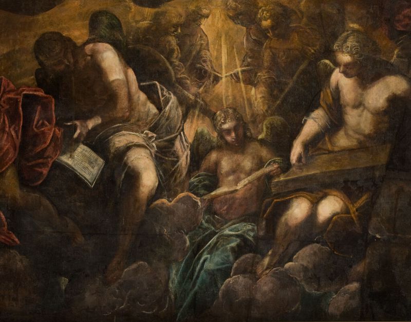 Music-Making Angels, oil on canvas by Jacopo Tintoretto showing angels with musical instruments