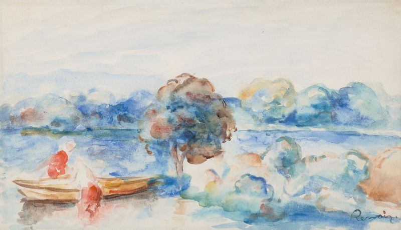 Escena de género con figuras junto a un río en una tarde soleada, pintura al óleo de Pierre-Auguste Renoir.