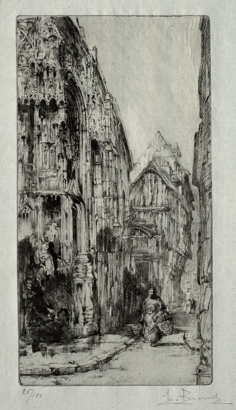 Saint-Etienne des Tonneliers a Rouen by Auguste Brouet, etching depicting a gothic cathedral in a landscape