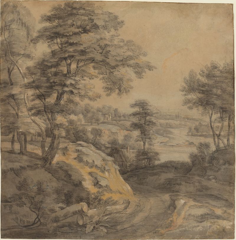 Landscape by Lodewijk de Vadder, oil on canvas depicting rolling hills and a blue sky