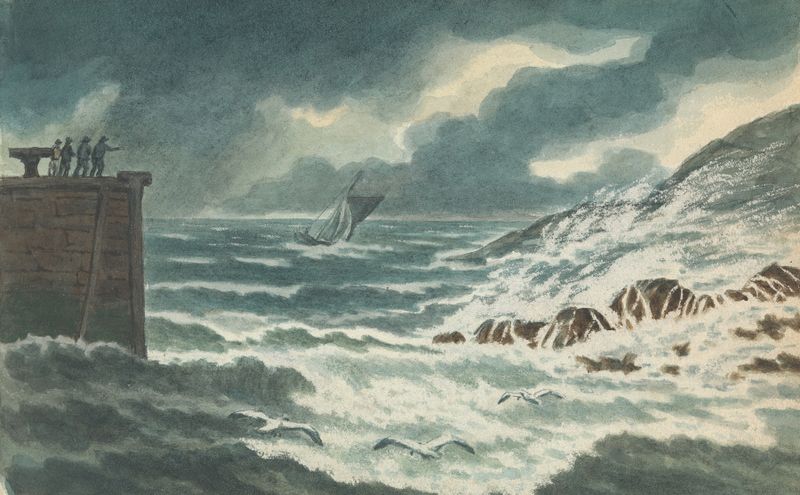Storm at Sea by Thomas Bradshaw, oil painting depicting dark waves and stormy clouds.