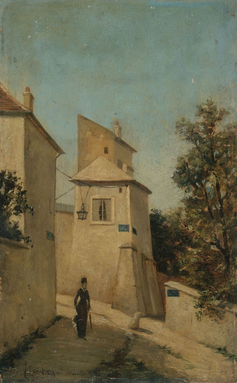Cena de gênero representando La rue du Mont-Cenis de Louis Hista, pintura a óleo
