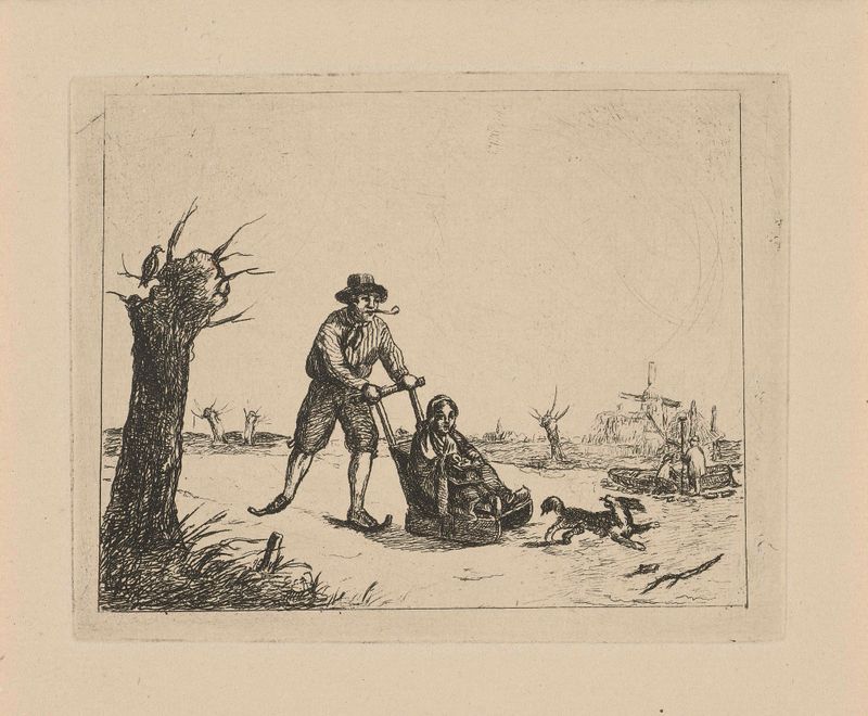 Winter landscape with a skater on ice, etching by David van der Kellen