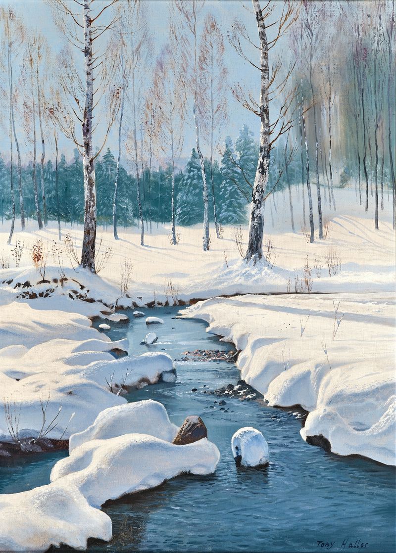 Winter landscape with a creek, oil on canvas by Toni Haller