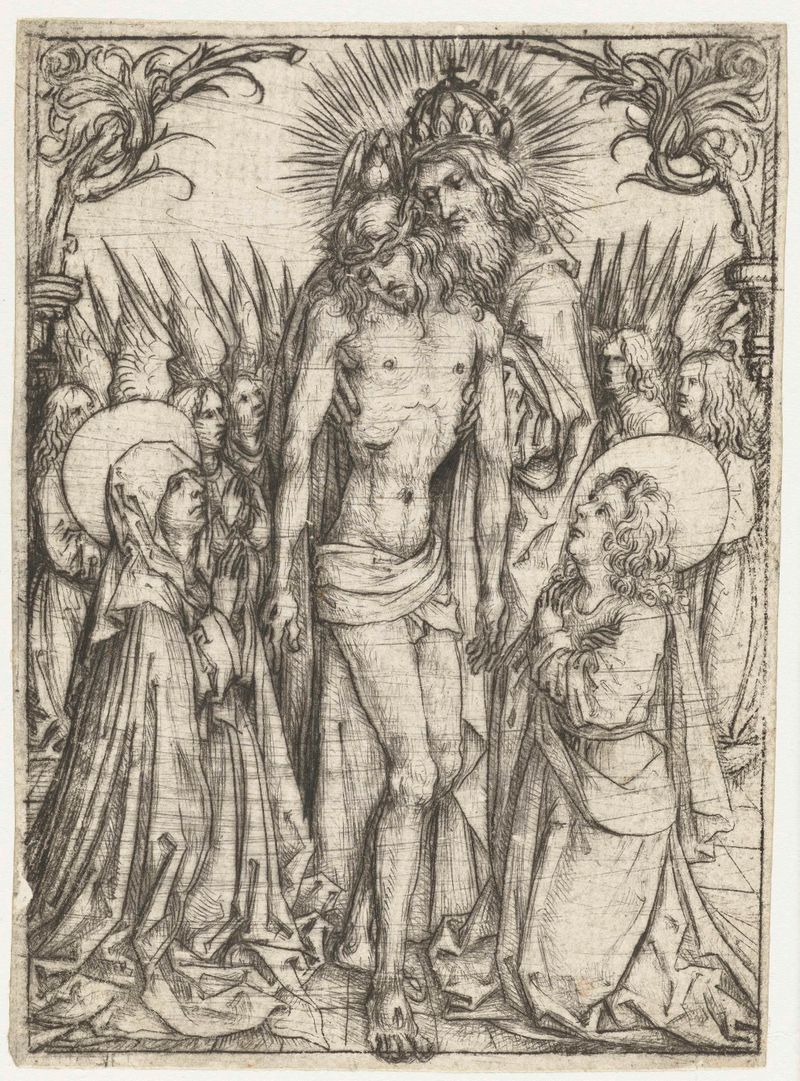 Drypoint by Meester van het Amsterdamse Kabinet depicting the Holy Trinity with Mary and the Evangelist