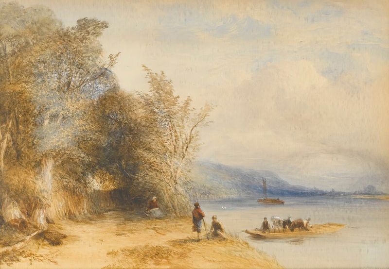 The Ferryman by William Evans of Bristol, oil painting depicting a solitary ferryman in muted tones.