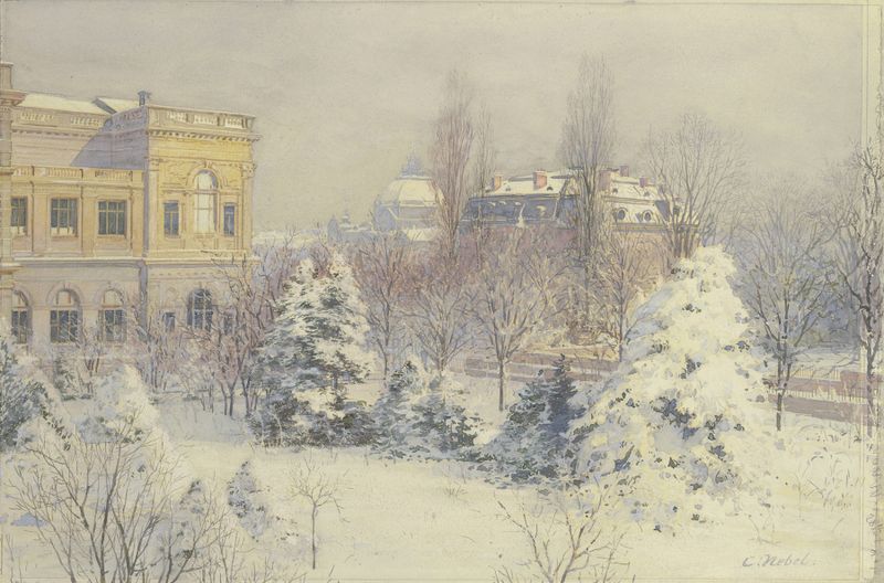 Winter scene of Städelsches Kunstinstitut, oil on canvas by Carl Nebel