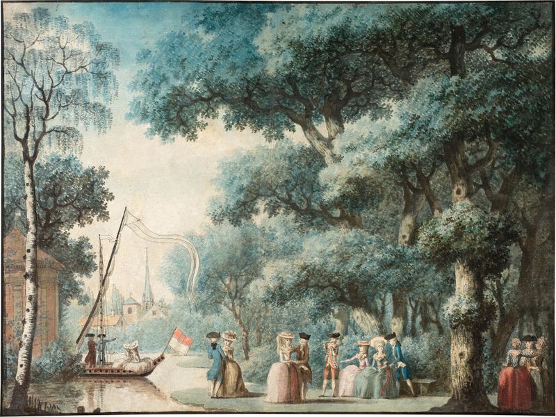 Escena de género de una animada reunión en un parque, óleo de Louis Carrogis Carmontelle