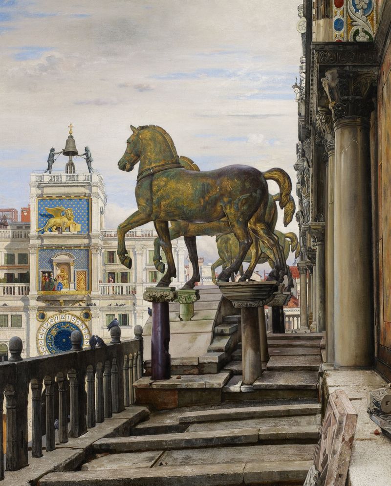 Os Cavalos de Bronze de San Marco de Charles Caryl Coleman, pintura a óleo que retrata cavalos de bronze em uma paisagem v...