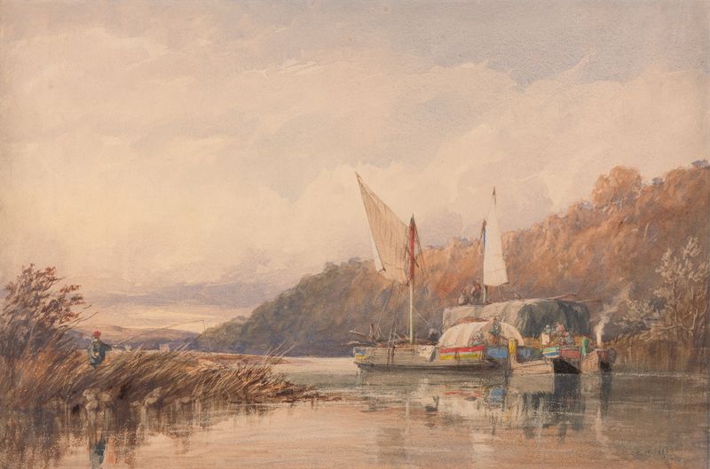Hay and log barges on the river, oil painting by Richard Henry Nibbs