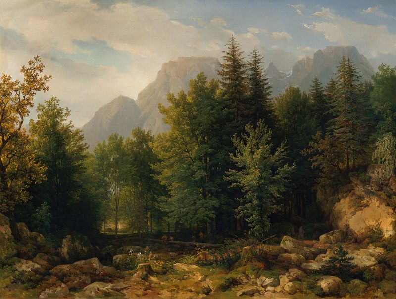 Waldlandschaft im Hochgebirge by Thomas Ender, oil painting of a mountain landscape with trees and clouds.