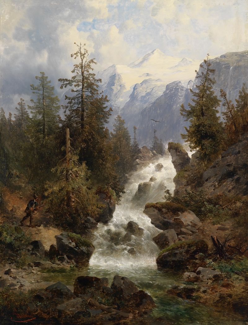 Pintura al óleo de Josef Thoma que muestra una cascada y una figura solitaria en la naturaleza.