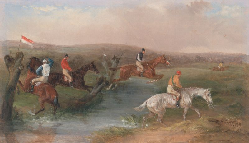 Pintura al óleo de William Shayer que muestra un caballo en medio de una carrera en un paisaje.