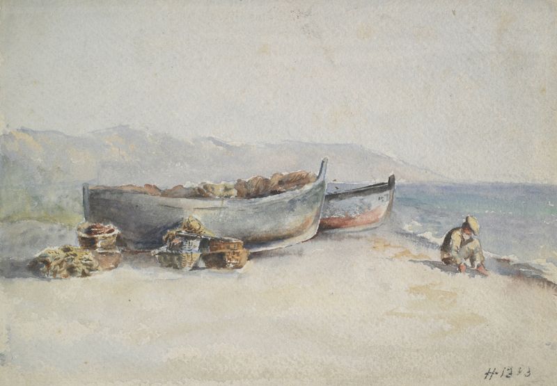 Fishing boats on the shore, oil on canvas by Hercules Brabazon Brabazon