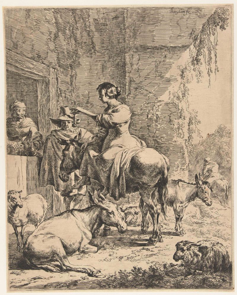 Gravura de Nicolaes Pietersz Berchem mostrando uma pastora em um burro perto de uma estalagem.