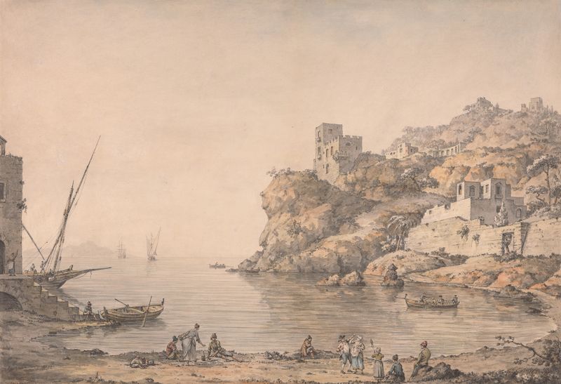 The Coast Near Naples by William Marlow, oil on canvas depicting a tranquil coastal scene.