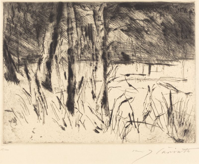 Jardim Zoológico de Lovis Corinth, retratando uma girafa e um leão em um zoológico, pintura a óleo