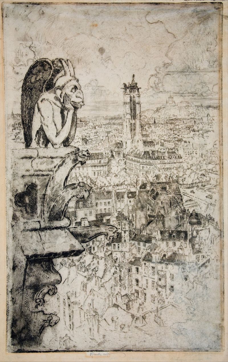 Dibujo en tinta de Joseph Pennell que representa el horizonte de París con Notre-Dame