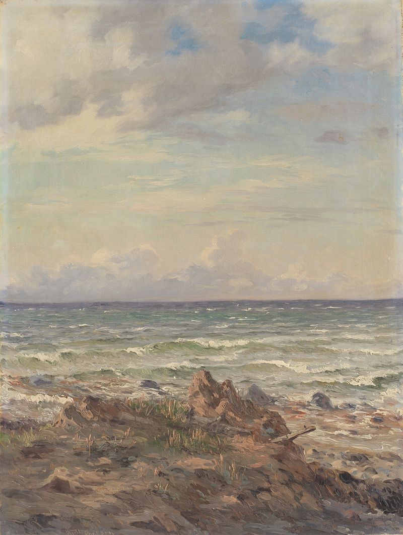 Kystparti med stenet strand by August Wilhelm Boesen, oil on canvas depicting a shoreline with pebbles.