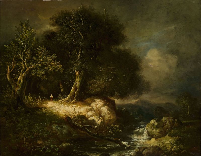 Forest landscape with a road and a river, oil on canvas by James Stark