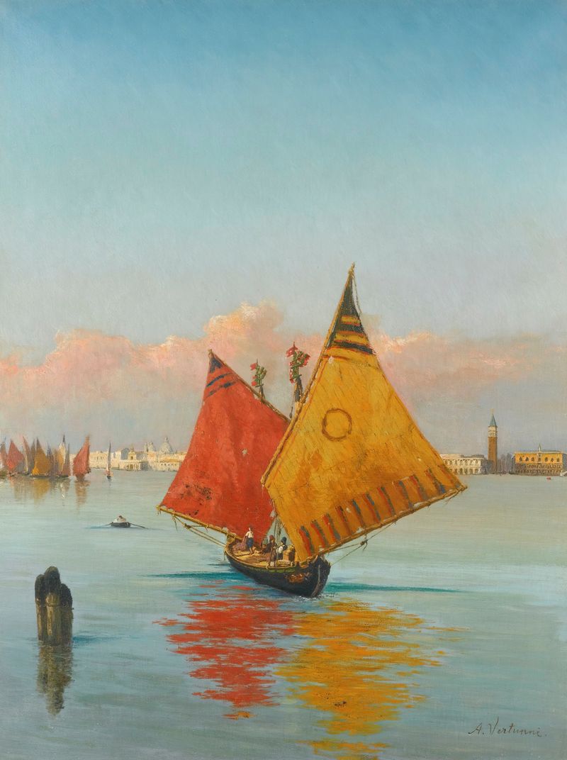 Pintura al óleo de Achille Vertunni que representa una laguna en Venecia con reflejos.