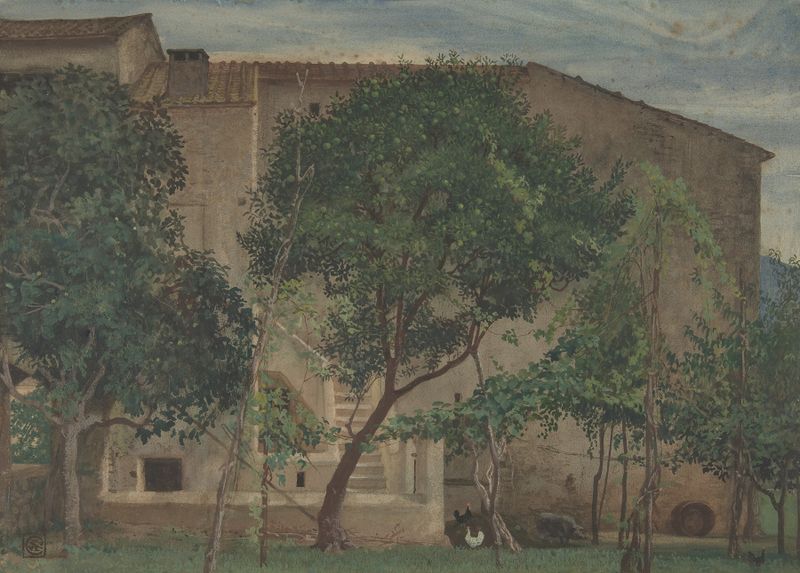 Rural farmhouse landscape with shadows, by Walter Crane, Victorian style