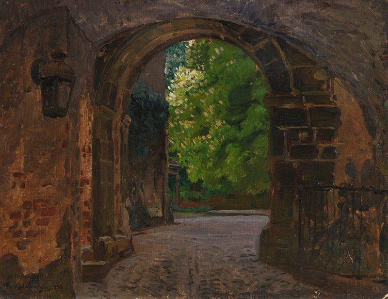 Arquitetura de Burgtor de Friedrich Kallmorgen, retratando um portão de castelo na luz dourada, pintura a óleo