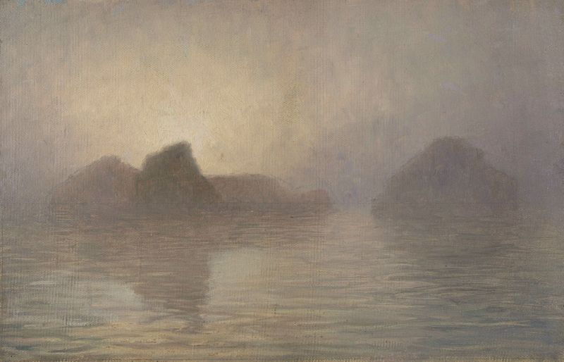 Pintura a óleo de paisagem de Henry Brokman mostrando ilhas e água.