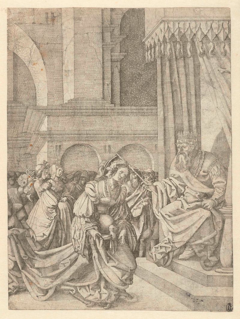 Esther voor Ahasverus engraving by Frans Crabbe van Espleghem depicting a poised queen.
