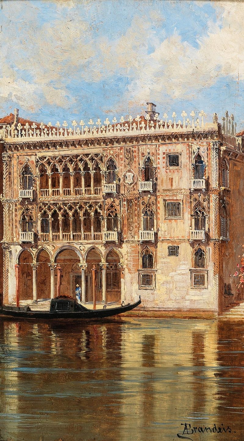 Venice, Ca’d’Oro de Antonietta Brandeis, óleo sobre tela, retratando um canal e reflexos arquitetônicos.