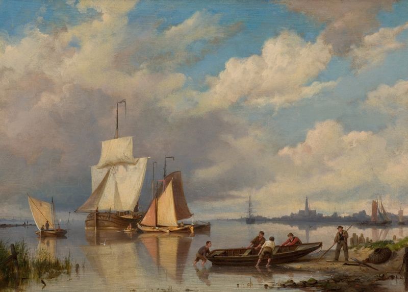 Escena marina que representa un puerto tranquilo al atardecer por Hendrik Barend Koekkoek, pintura al óleo