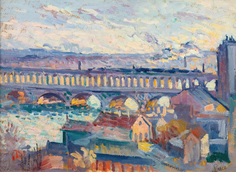 Vue Sur Le Viaduc D’auteuil de Maximilien Luce, pintura al óleo que representa un paisaje urbano sereno.