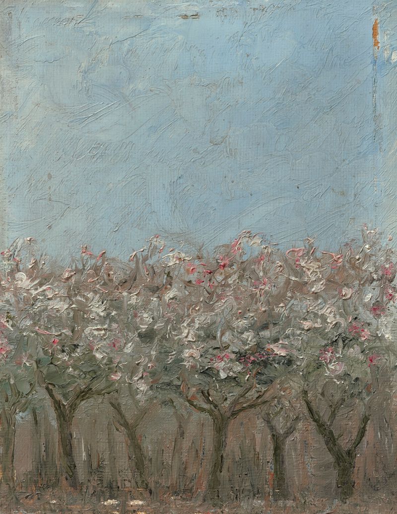 Blommande äppelträd de August Strindberg, Impresionismo, representando flores vibrantes en primavera.