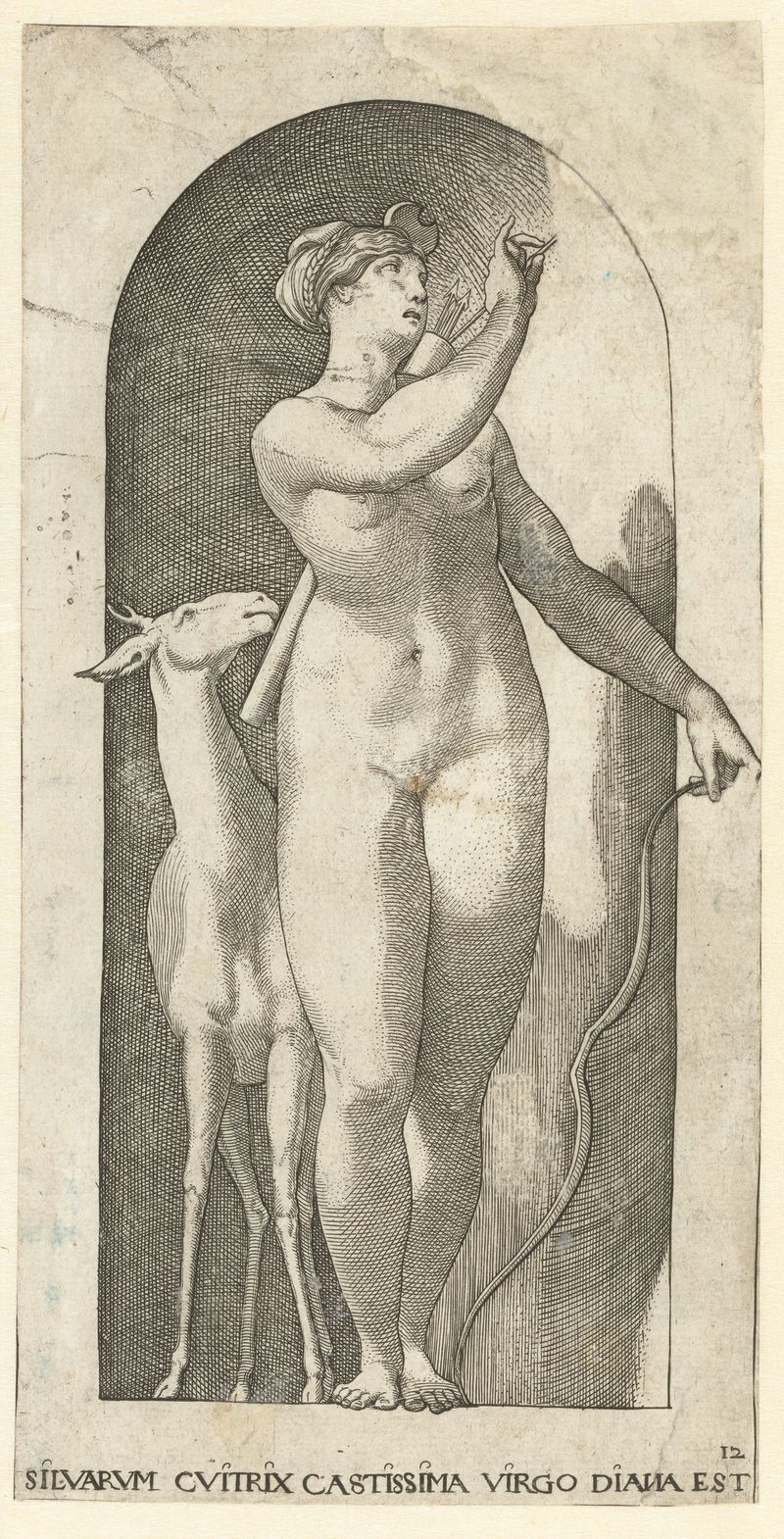 Gravura de Jacob Binck retratando a deusa Diana com um arco e um cervo.
