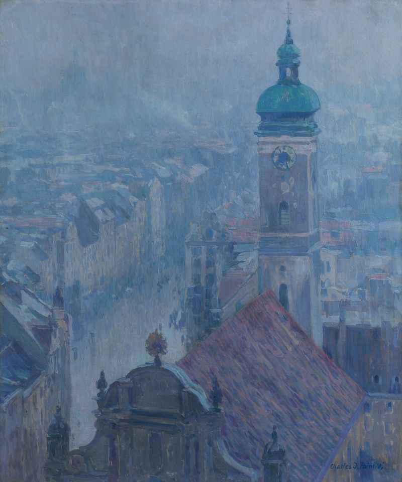Landscape depicting Munich rooftops and trees, oil painting by Charles Johann Palmié