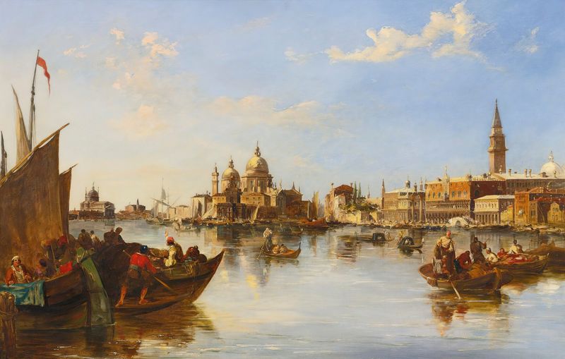 Góndolas y botes de pesca en el Gran Canal, óleo sobre lienzo de Edward Pritchett