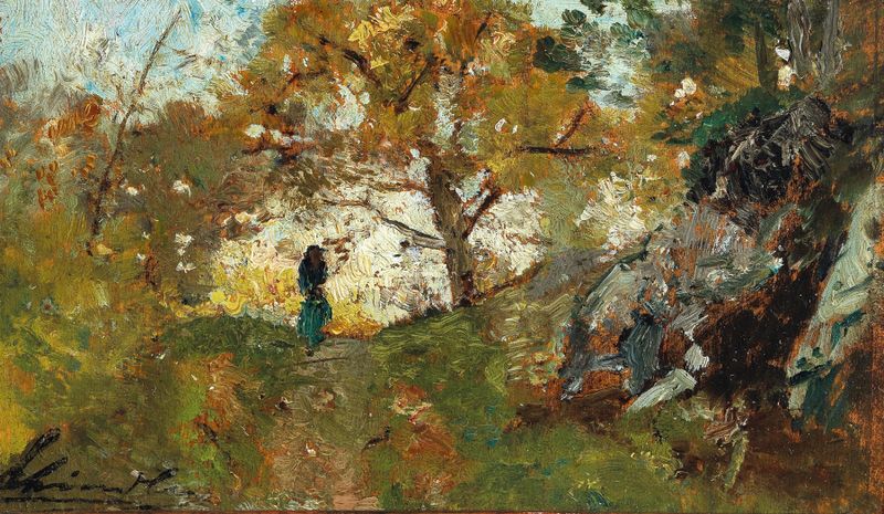 Camino del bosque con figuras decorativas, óleo sobre lienzo de Emil Jakob Schindler