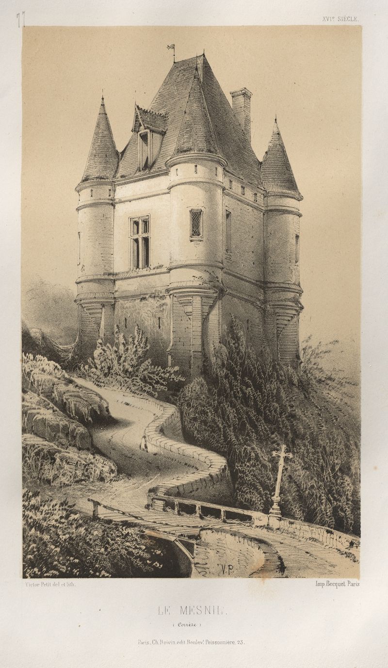 Paisagem de Le Mesnil (Corrèze) de Victor Petit, óleo sobre tela, com uma casa de campo rústica e colinas suaves.