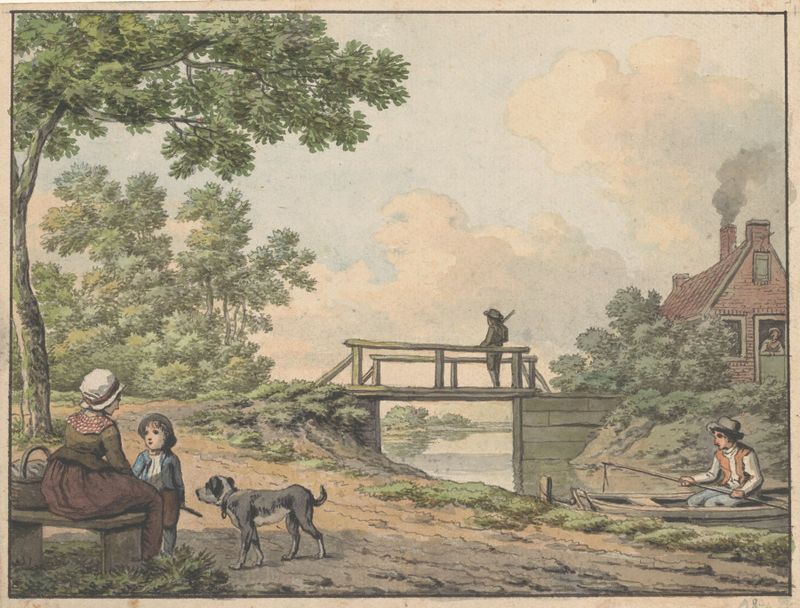 Paisaje con figuras y un puente cerca de una granja, óleo sobre lienzo de Anthony Andriessen
